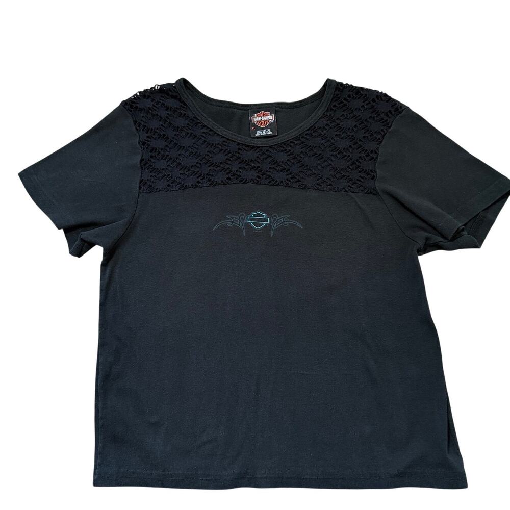 Harley-Davidson Women's XL Black Lace Yoke Embroidered T-Shirt Made in USA